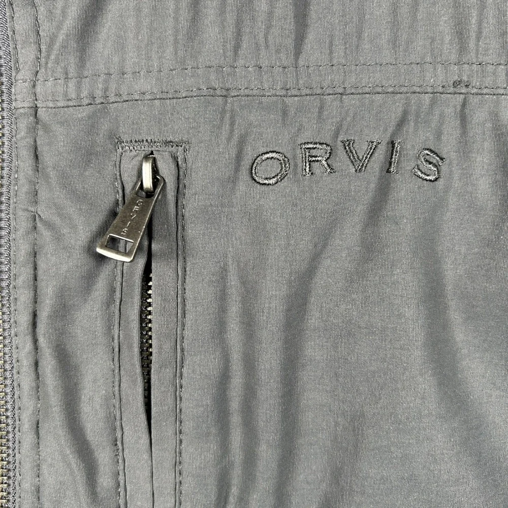 Orvis Windbreaker Jacket Mens XXL Gray Solid Full Zip Plaid Lined Outdoor Pocket